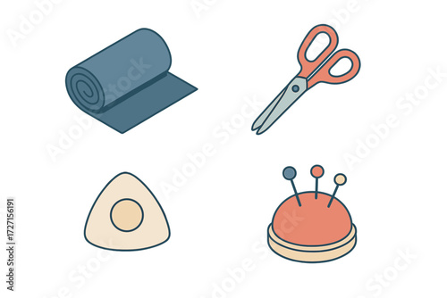Essential sewing and tailoring tools including fabric, scissors, chalk, and pin cushion for craft projects