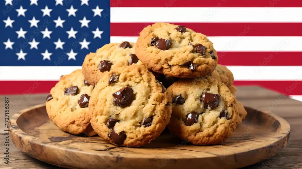 Cinematic video of freshly baked American chocolate chip cookies on rustic wooden plate with USA flag background, smooth motion emphasizing patriotic dessert and traditional homemade baking