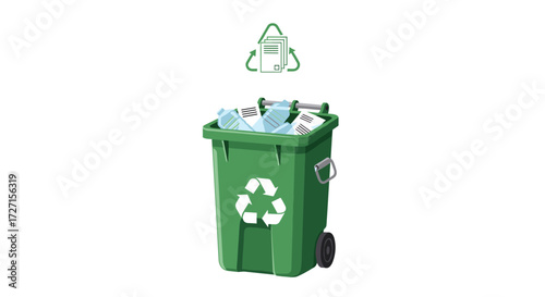 Flat vector illustration of a green recycling bin filled with paper and cardboard, eco-friendly waste container with recycle symbol on white background