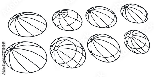 Dynamic collection of minimalist spheres and orbs with geometric lines, offering graphic versatility and modern design possibilities