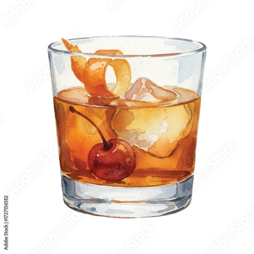 Watercolor Vector of Old Fashioned Cocktail with Orange Peel and Cherry on White Background