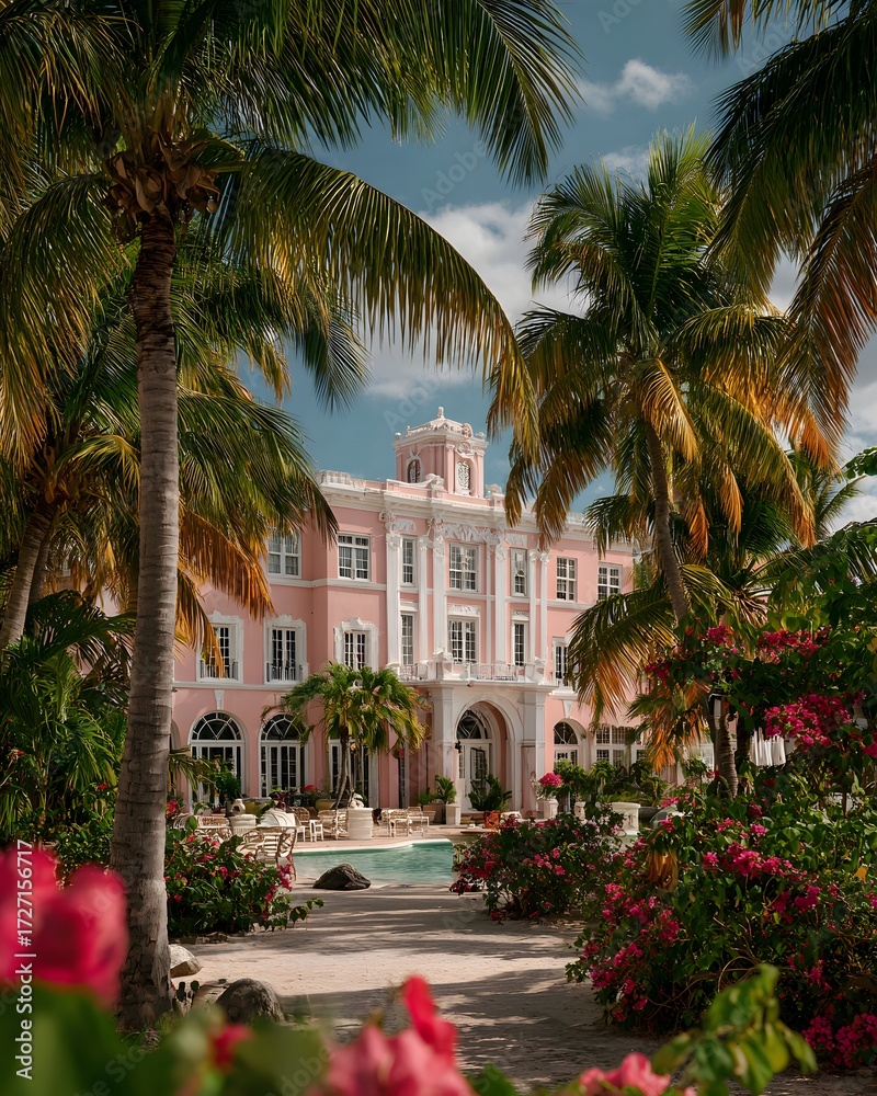 Fototapeta premium Luxurious pink boutique hotel in the tropics, framed by lush palm trees and vibrant foliage, capturing a sense of exclusive paradise and elegance.