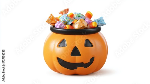 A pumpkin cauldron with candy clipart, halloween treat container, 3D illustration, pastel, isolated on white background. 