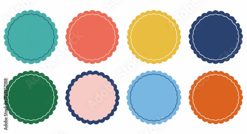 Eight blank round scallop-edged labels in various bright colors, providing versatile design elements for tags, stickers, or embellishments, perfect for festive and creative graphic needs