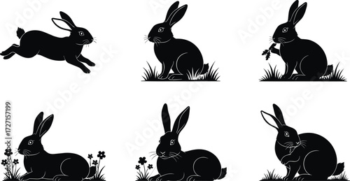 Silhouette illustration of rabbits in natural poses jumping, sitting, eating grass, and resting with flowers, black bunny wildlife vector artwork.