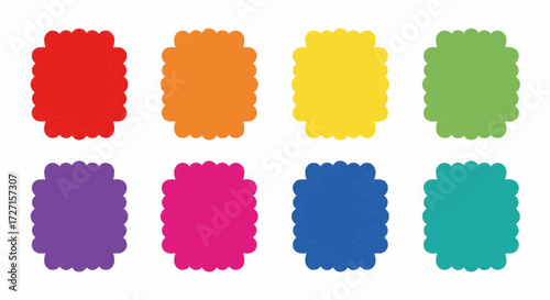 Set of eight colorful scalloped square stickers or tags on a white background