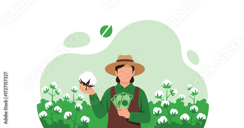 Farmer holding cotton in a cotton field illustration.