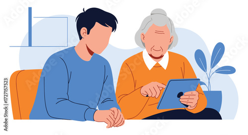 Young man and elderly woman using tablet together.
