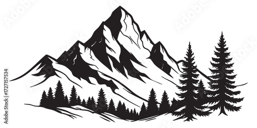 Majestic mountain range with evergreen trees, perfect for outdoor adventure branding and wilderness exploration designs in black and white