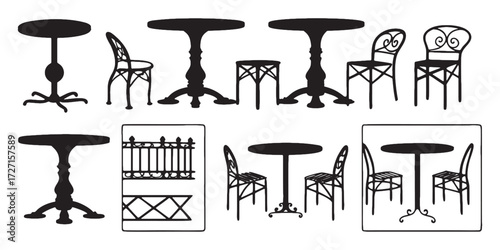 Charming bistro furniture silhouettes perfect for cafe designs, restaurant layouts, or elegant outdoor space visuals in scalable vector format