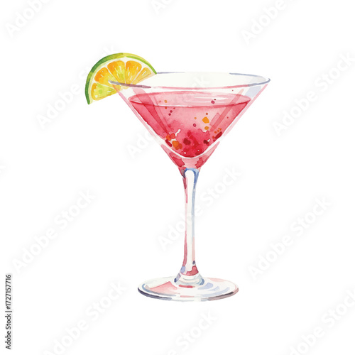 Watercolor Vector of Cosmopolitan Cocktail with Lime Garnish on White Background