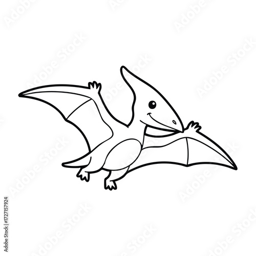 A playful pterosaur soaring through the sky with outstretched wings and a cheerful expression on its face.