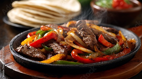 Sizzling beef fajitas with peppers and onions served with tortillas.