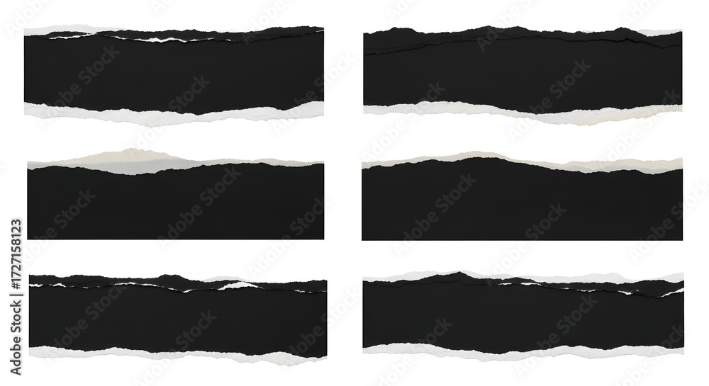 Fototapeta premium Collection of six torn black paper strips with rough edges, isolated on a white background