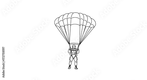 Flat Line Art Paratrooper Drop Black & White Tactical Jump Vector