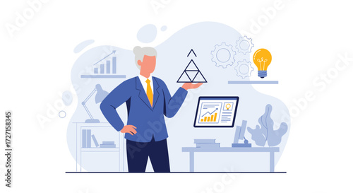 Businessman Holding Pyramid Diagram Showing Growth Strategy.