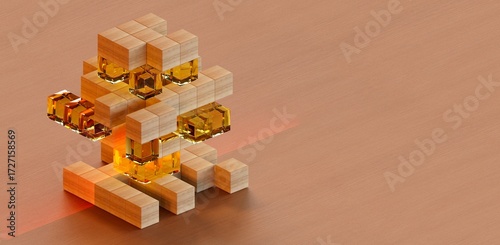 wood and glass square structure background with copy space 3D computer generated image