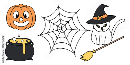 Spooky Halloween elements including a grinning pumpkin, spider web, witch cat, broom, and cauldron perfect for festive designs