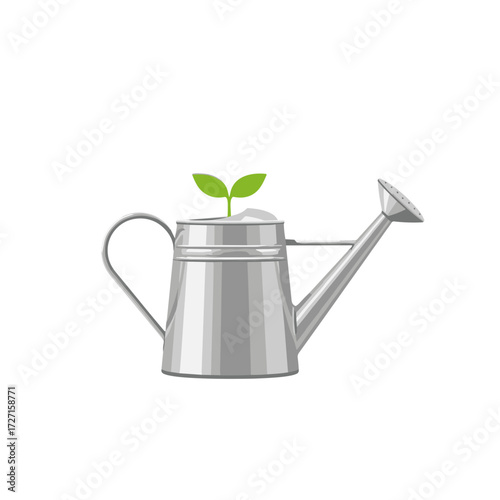 watering can, silver watering can, metal watering can, watering can with sprout, plant in watering can, garden watering can, watering can decor, small sprout, green sprout, sprout in can, garden tool,