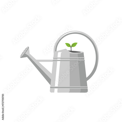 watering can, silver watering can, metal watering can, watering can with sprout, plant in watering can, garden watering can, watering can decor, small sprout, green sprout, sprout in can, garden tool,