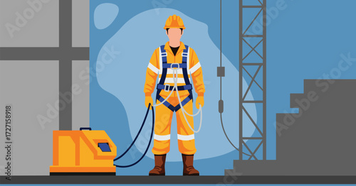 Construction worker wearing safety harness and equipment.
