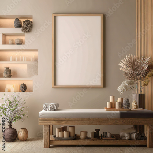Calm and serene spa interior designed for relaxation with neutral tones and natural decor