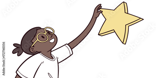 Inspiring young girl reaching for a bright star, chasing dreams with optimism and determination in a modern, clean style