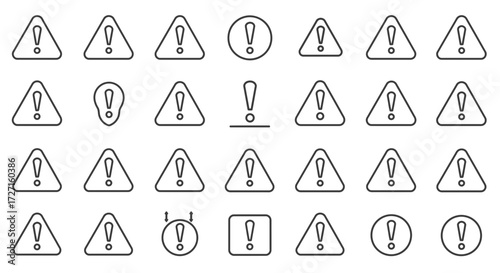 A collection of simple line icons of exclamation marks and warning signs designs