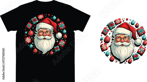 Santa Claus face vector, Christmas T-shirt design, holiday ornaments, snowflakes, gift boxes, festive apparel graphic, red blue seasonal illustration