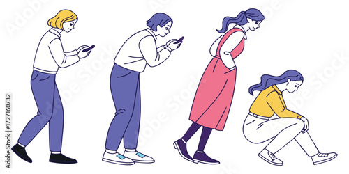Diverse young adults absorbed in their smartphones, illustrating modern communication and technology dependence, originally a scalable graphic