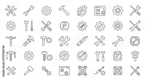 Collection of minimal outline icons representing various tools and mechanisms
