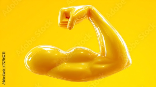 glossy yellow arm flexing  heart isolated on the yellow background