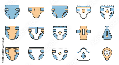 Collection of various baby diaper icons in different styles and shapes