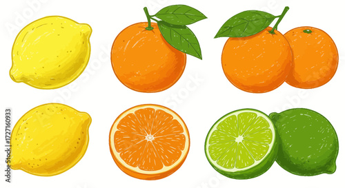 Colorful Citrus Fruit Illustration Featuring Lemons Oranges and Limes in Vibrant Detail
