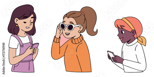 Diverse group of happy young women connecting online using their smartphones, perfect for social media and lifestyle marketing