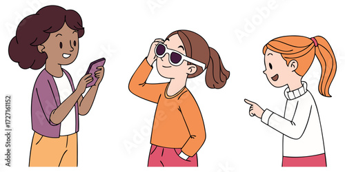 Three young girls sharing photos and having fun together, enjoying friendship and creating memories, perfect for social media marketing