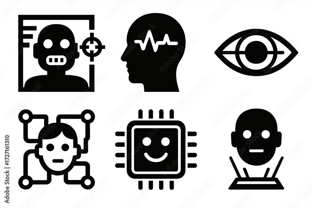 Fototapeta premium Futuristic Scan Icons. Tech Sentiment Scan silhouette set : robot face with scan, digital head with waveform, eye with scanning line, face inside