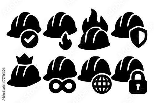 Safety helmet silhouette icon set. featuring check, fire, shield, crown, infinity, globe, and lock symbols