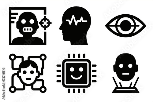 Futuristic Scan Icons. Tech Sentiment Scan silhouette set : robot face with scan, digital head with waveform, eye with scanning line, face inside
