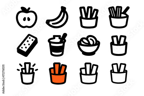 Brutalist Snack Icons. Healthy Snack Variations silhouette set : apple slice, banana, carrot sticks, celery with dip, granola bar, yogurt cup, bowl of