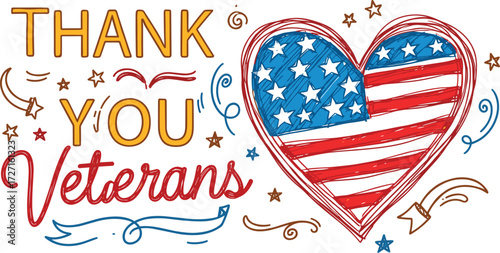 Thank You Veterans vector, patriotic heart, American flag design, red white blue stars, appreciation message, military honor, national pride artwork