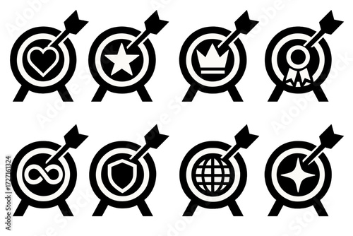 Bold Goal Icons. Symbolic Bold Goals silhouette set : bold goal with heart, bold goal with star, bold goal with crown, bold goal with ribbon, bold