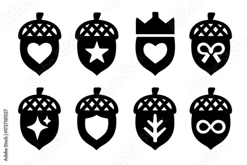 Symbolic Acorn Icons. Symbolic Acorns silhouette set : acorn with heart, acorn with star, acorn with crown, acorn with ribbon, acorn with sparkle,