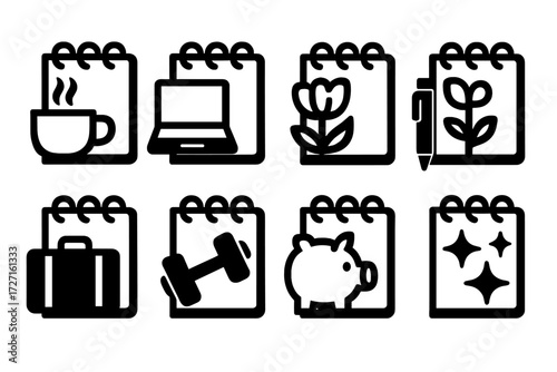 Daily planner linear icon set. featuring coffee, laptop, flowers, suitcase, dumbbell, piggy bank, and sparkle symbols