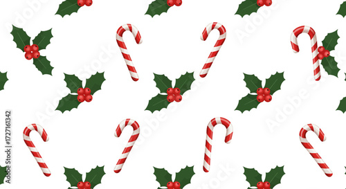 Festive Christmas seamless pattern featuring candy canes and holly leaves background