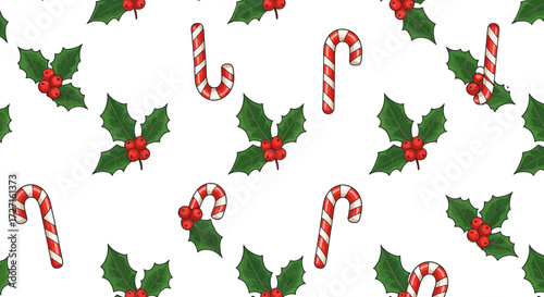 Festive Delight: Seamless Pattern with Holly Berries and Candy Canes on White Background