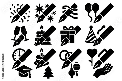 Festive Pens Icon Set. Festive Resolution Pens silhouette set : pen with confetti, pen with fireworks, pen with ribbons, pen with balloons, pen with