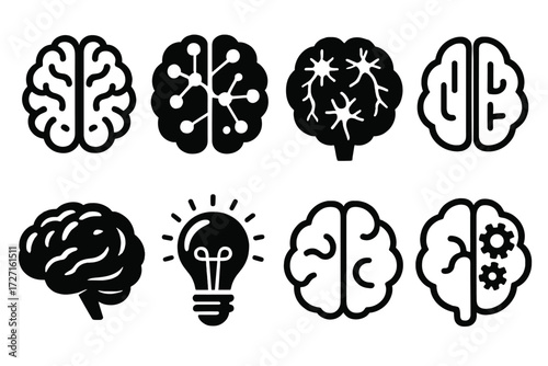 Bold Brain Icons. Basic Brain Icons silhouette set : classic brain with two hemispheres, brain with neural connections, brain with neurons, simplified