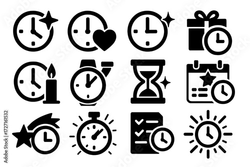 Timeless Icon Collection. Timely Wish Variations silhouette set : clock with star, clock with heart, clock with sparkle, clock with gift, clock with
