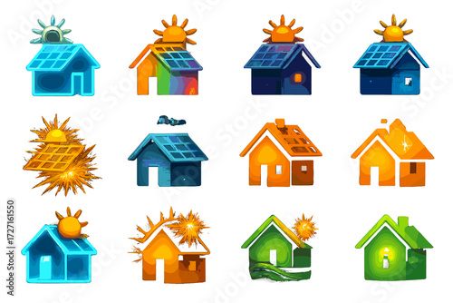 Radiant Solar Home Icons. Creative Solar Home Icons silhouette set : neon glowing solar home, rainbow gradient solar home, cosmic glowing solar home,